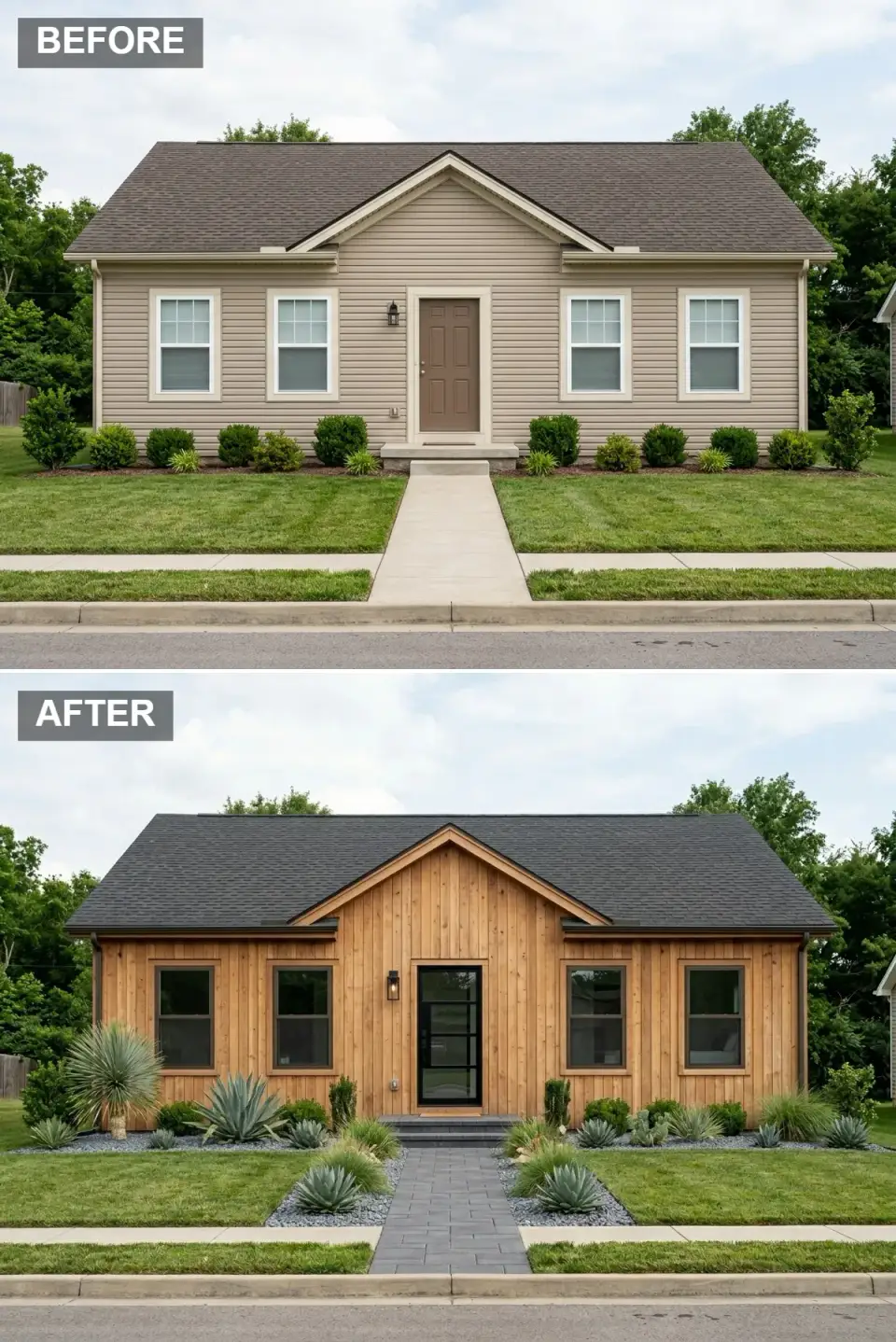 Natural wood vertical siding facade transformation vertical plank cedar siding sleek black door horizontal glass panels dark bronze window frames simple grids xeriscape with yucca and agave plants dark river rock grey paver path