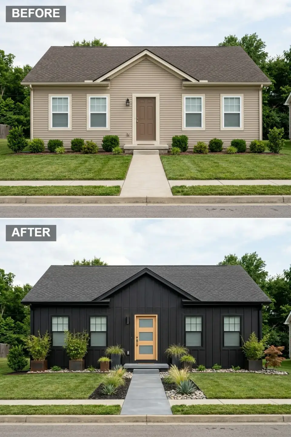 All-black modern board and batten facade transformation full envelope black board and batten siding window frames trim modern light maple wood door horizontal glass panels minimalist landscaping bamboo large planters ornamental grasses river rock concrete path