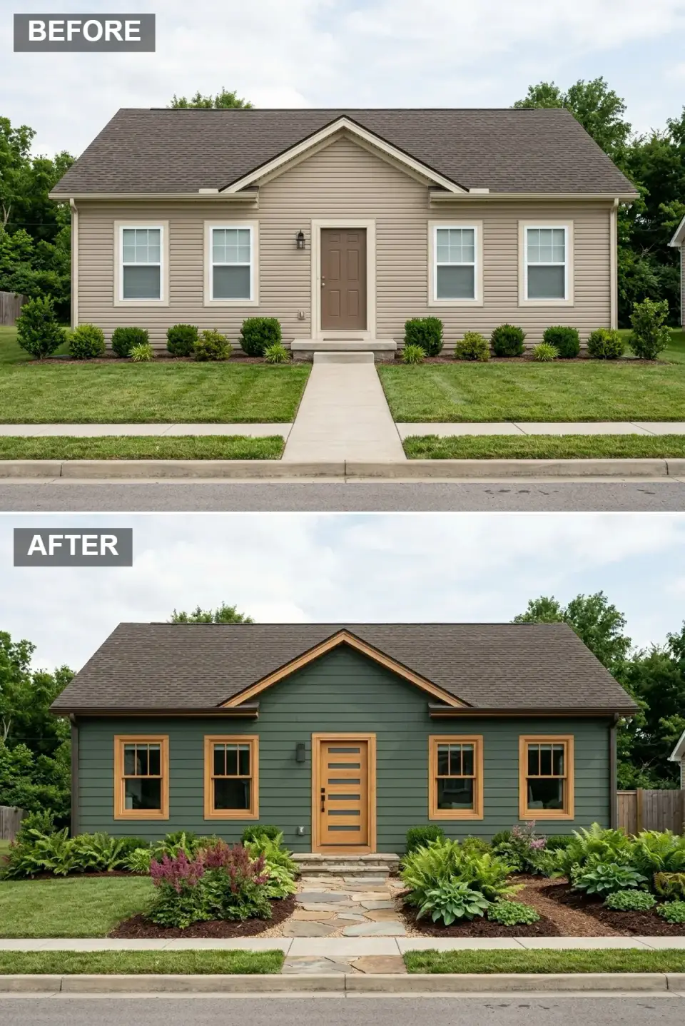 Craftsman facade transformation rich forest green horizontal lap siding natural oak wood window frames craftsman grids top sash matching wood trim flagstone walkway lush shade garden ferns hostas astilbe