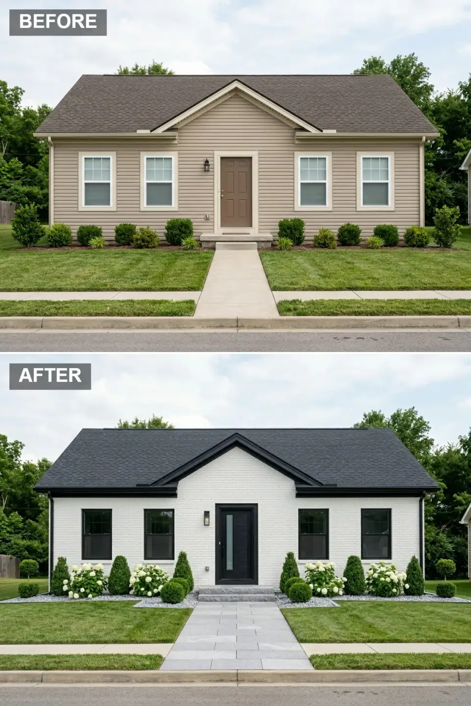High-contrast modern farmhouse facade transformation white painted brick crisp black fascia soffit gutters window frames black modern door long vertical glass panel grey granite paver walkway hydrangeas boxwoods white gravel beds