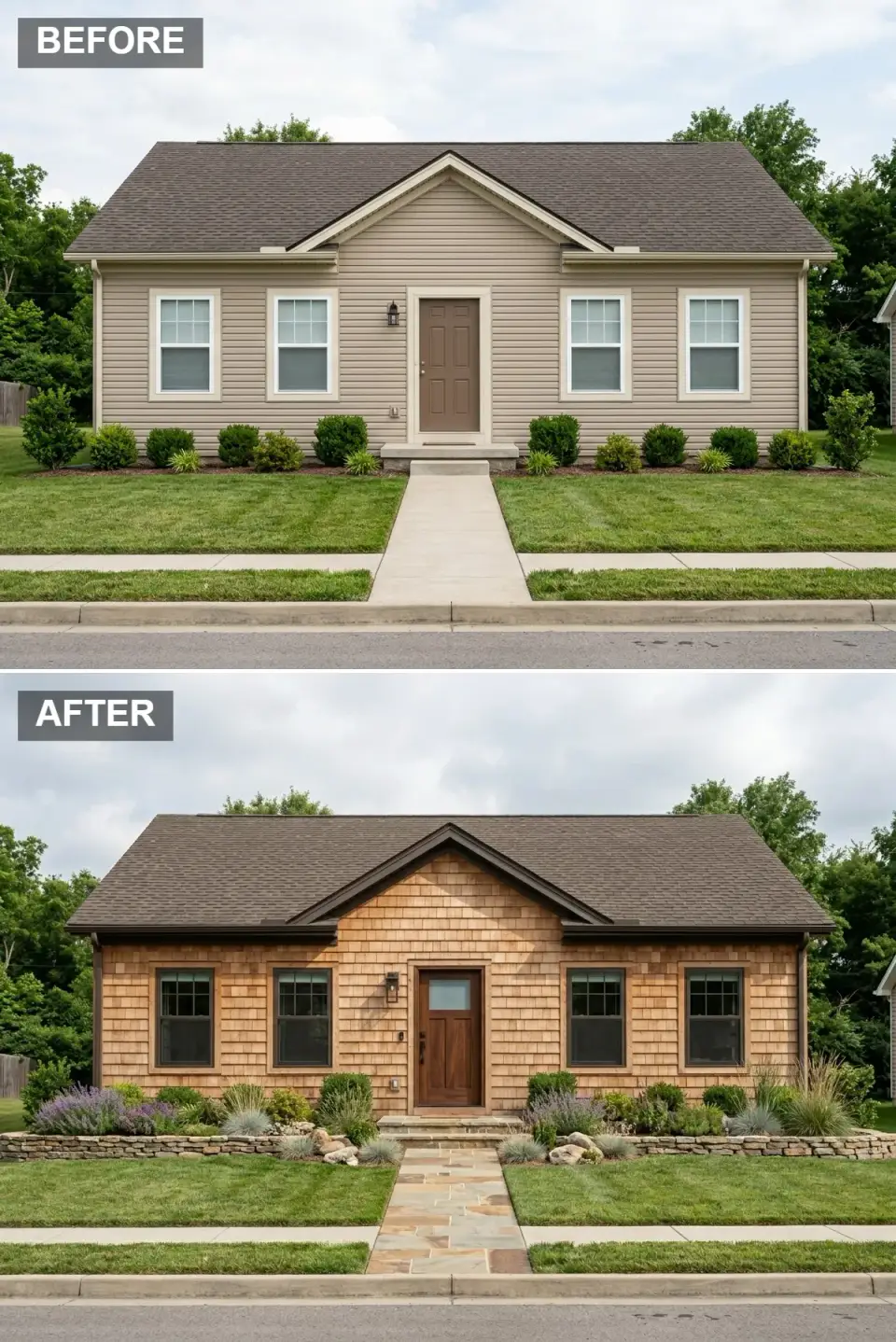 Rustic cedar shake cottage facade transformation natural cedar shake siding dark bronze trim and window frames craftsman wood door large upper glass panel low stacked stone retaining wall lavender ornamental grasses flagstone path
