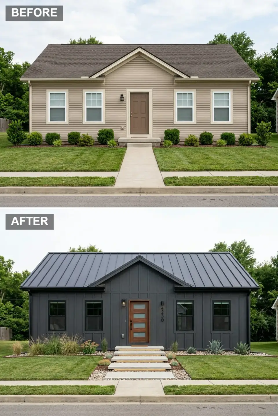 Scandi modern black board and batten facade transformation dark charcoal vertical board and batten siding sleek black standing seam metal roof modern walnut wood door horizontal glass panels black framed windows simple grids floating concrete steps pebble inlays minimalist xeriscape