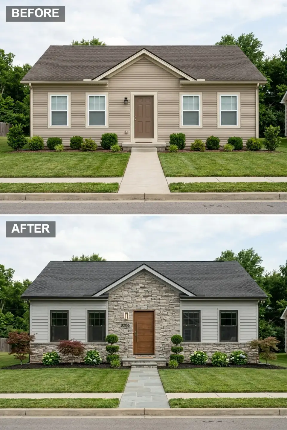 Mixed-material contemporary facade transformation central gable foundation stacked stone veneer wings light grey horizontal siding modern flat-panel teak wood door long vertical handle dark window frames craftsman grids structured topiary hydrangeas flagstone walkway