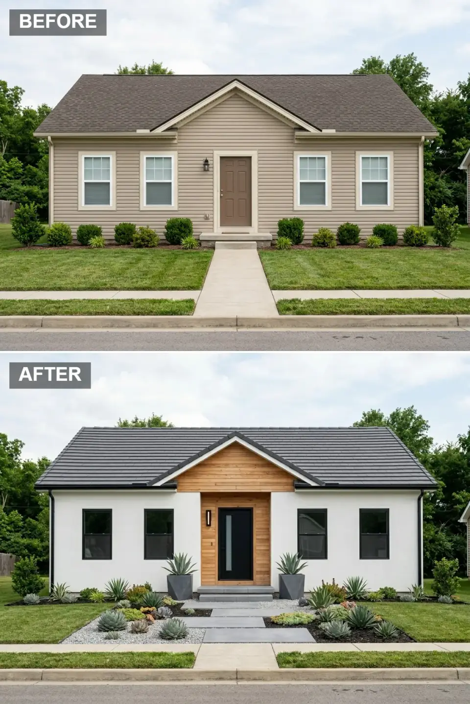 Minimalist stucco and wood facade transformation smooth white stucco entryway gable natural pine plank wood cladding sleek black modern door vertical glass panel matching black framed windows no grids large concrete pavers gravel xeriscape geometric planters