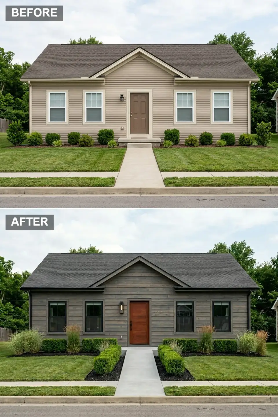 Rustic-modern weathered wood facade transformation horizontal weathered grey-brown stained wood siding sleek warm wood flat-panel door black framed windows simple grids structured boxwoods ornamental grasses simple concrete pathway