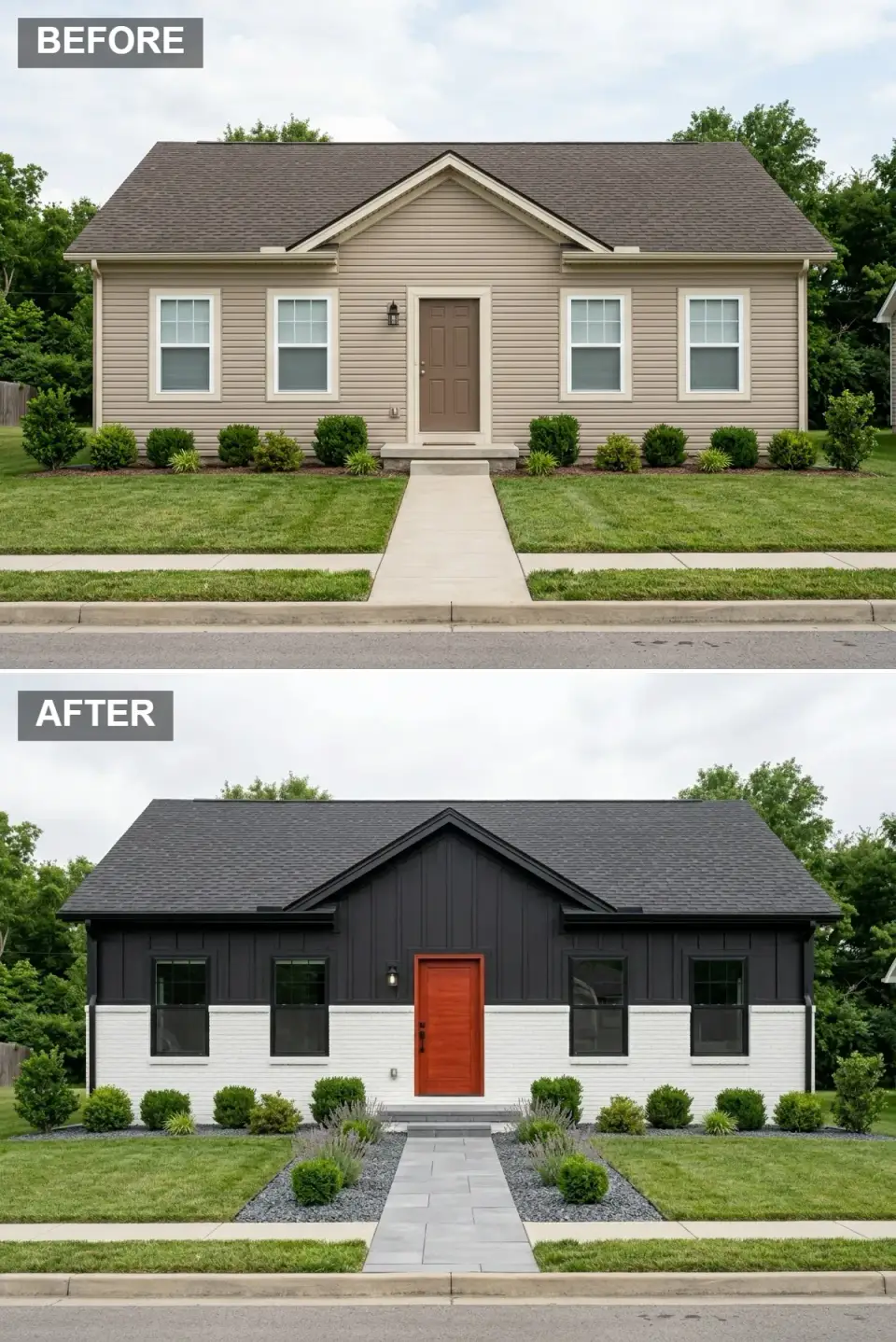 Bold black and white split-level facade transformation white painted brick lower half black board and batten upper half vibrant red-orange modern door black framed windows boxwoods lavender grey gravel beds large grey paver walkway