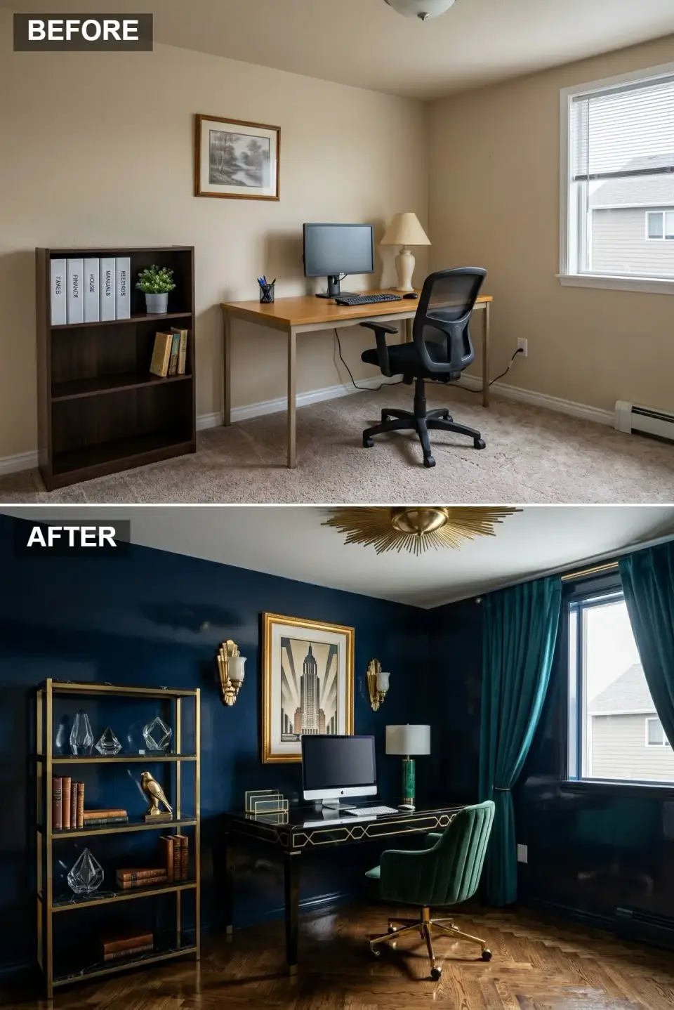 Art Deco home office before and after with high-gloss navy walls, gold sunburst light, and emerald velvet chair