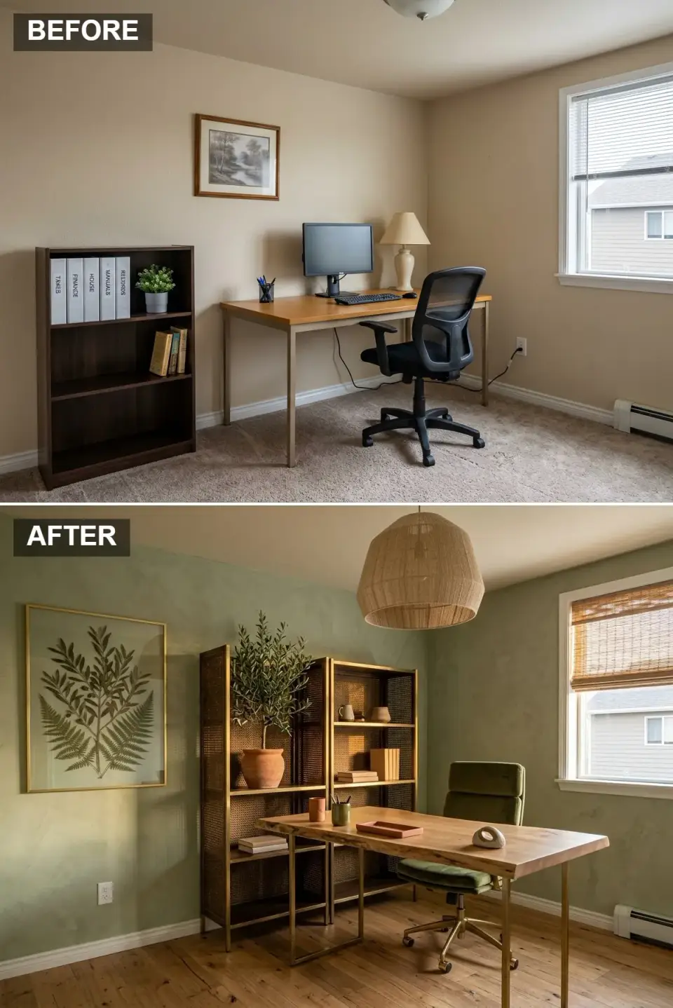 Biophilic home office before and after with sage plaster walls, cane shelving, olive tree, and moss-green velvet chair
