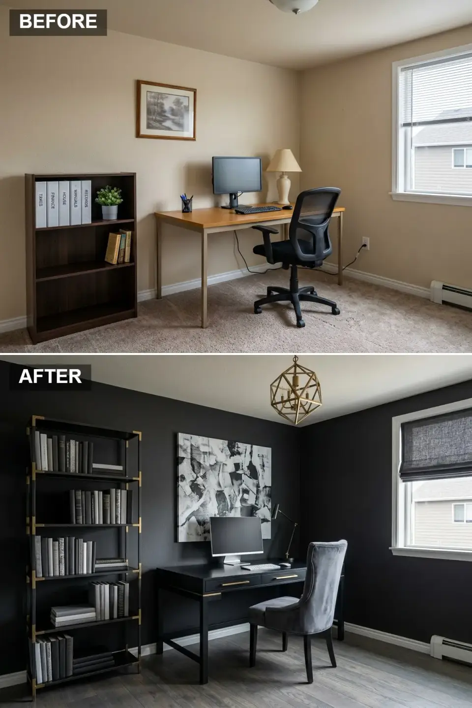 Monochrome black home office before and after with matte black walls, brass-bracket shelving, and grey velvet chair