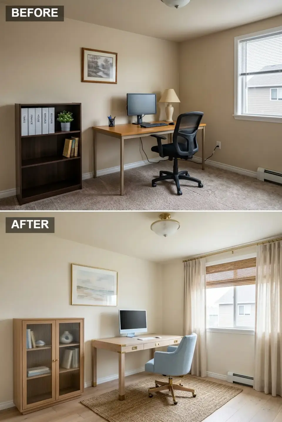 Coastal home office before and after with creamy walls, light oak campaign desk, blue chair, and jute rug