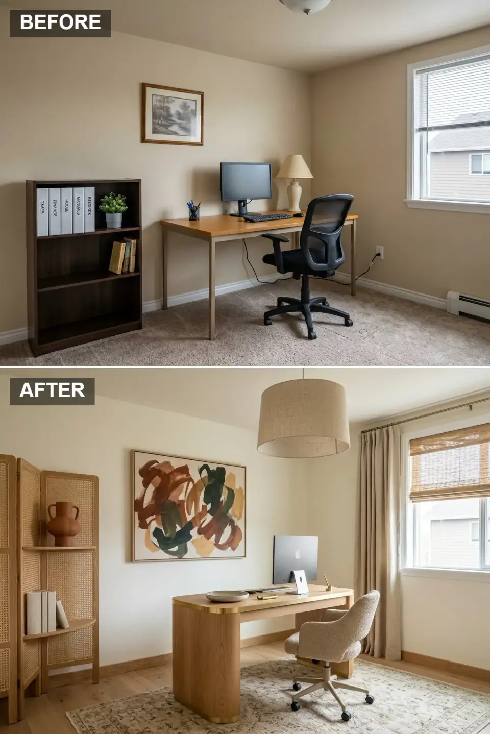 Japandi home office before and after with creamy walls, cane room divider, curved oak desk, and bouclé chair