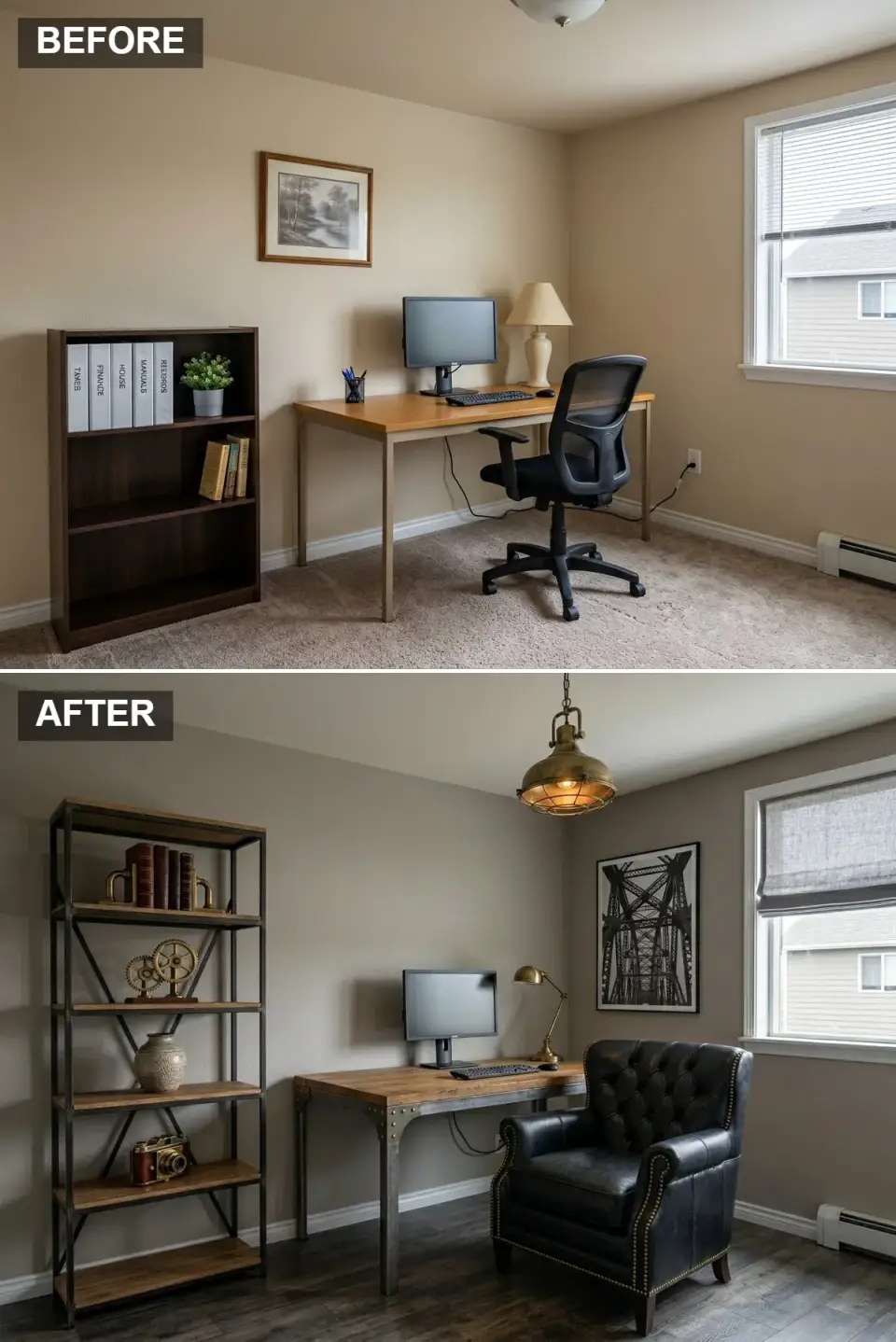 Industrial home office before and after with concrete-look greige walls, X-frame bookcase, and tufted leather wingback