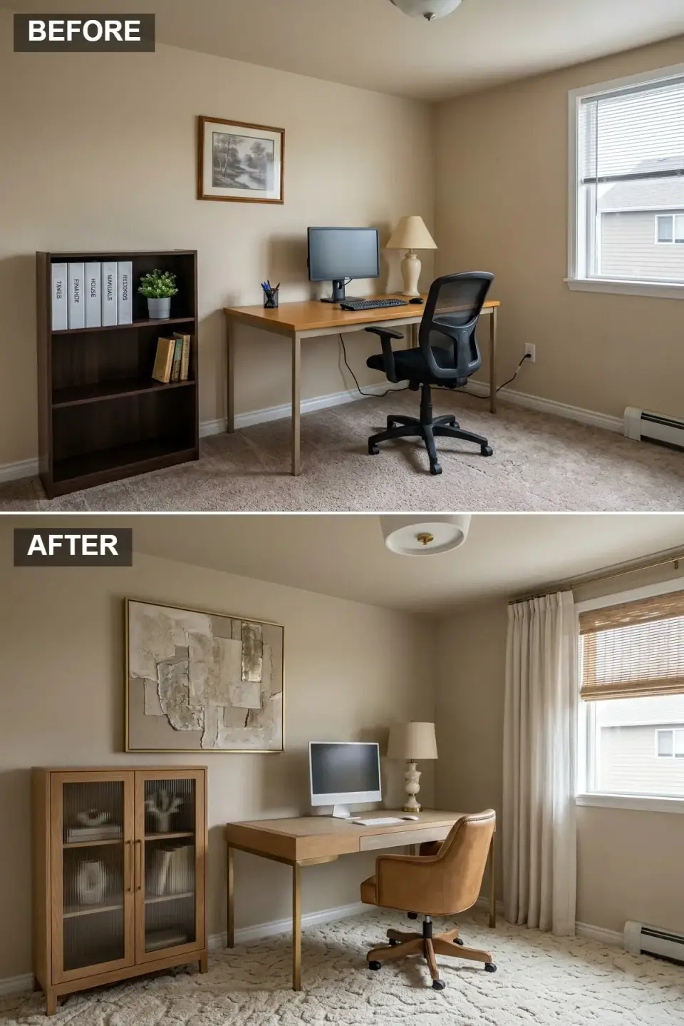 Quiet luxury home office before and after with greige walls, ivory shag rug, oak desk, and camel leather chair