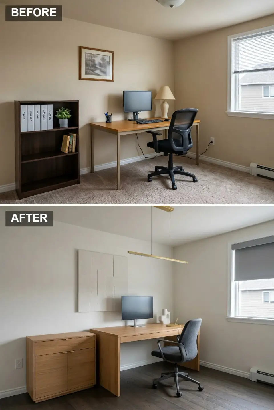 Minimalist home office before and after with bright white walls, pale oak desk, low credenza, and linear brass pendant