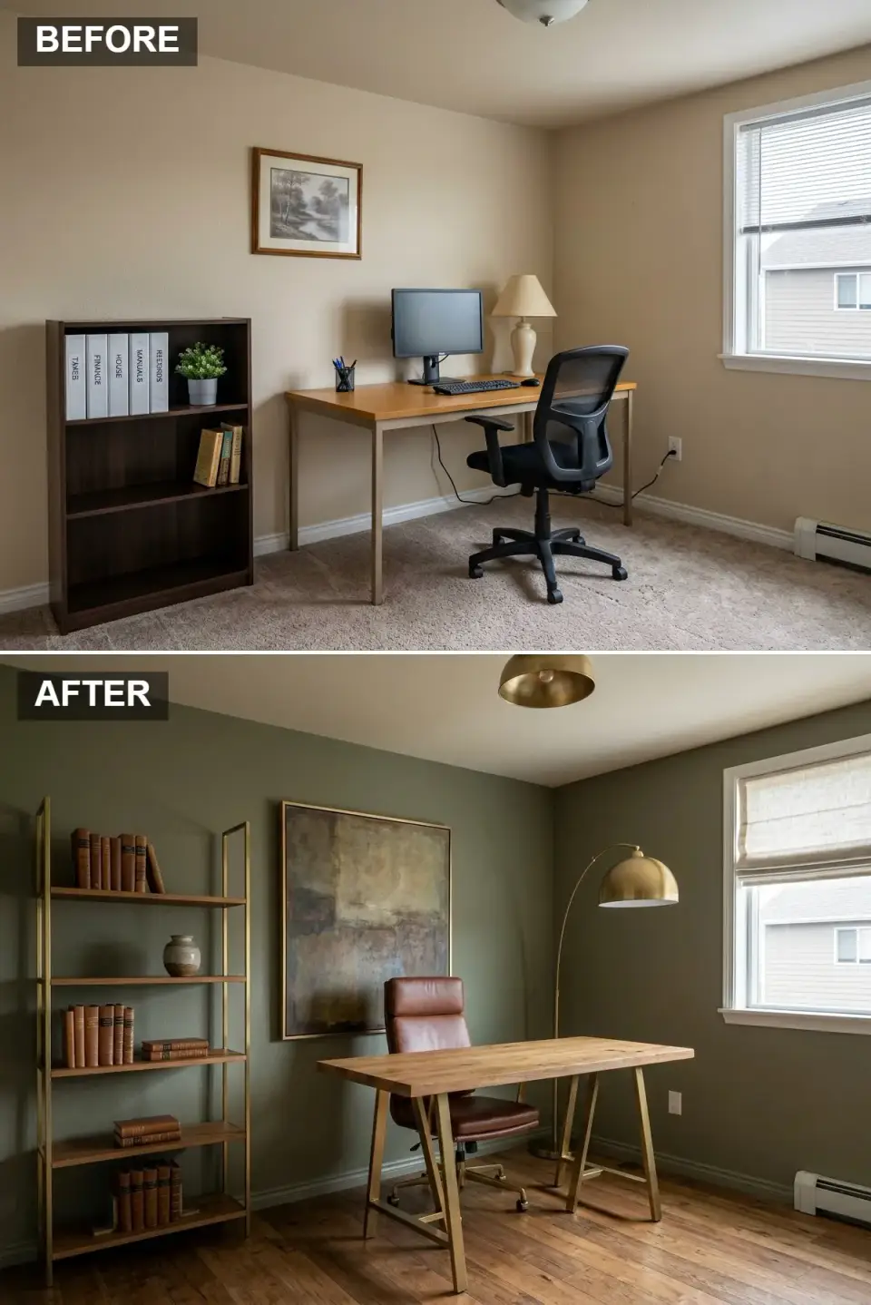 Mid-century home office before and after with sage green walls, live-edge desk, brass shelving, and cognac leather chair