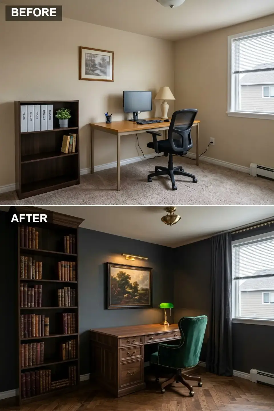 Dark academia home office before and after with charcoal walls, walnut bookcase, mahogany desk, and emerald wingback
