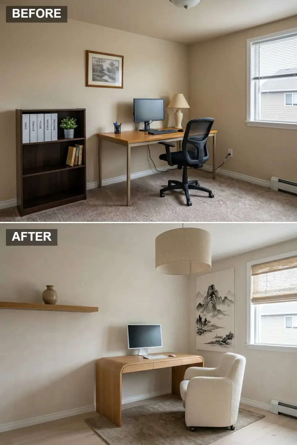 Wabi-sabi home office before and after with plaster walls, waterfall oak desk, bouclé armchair, and ink-wash scroll