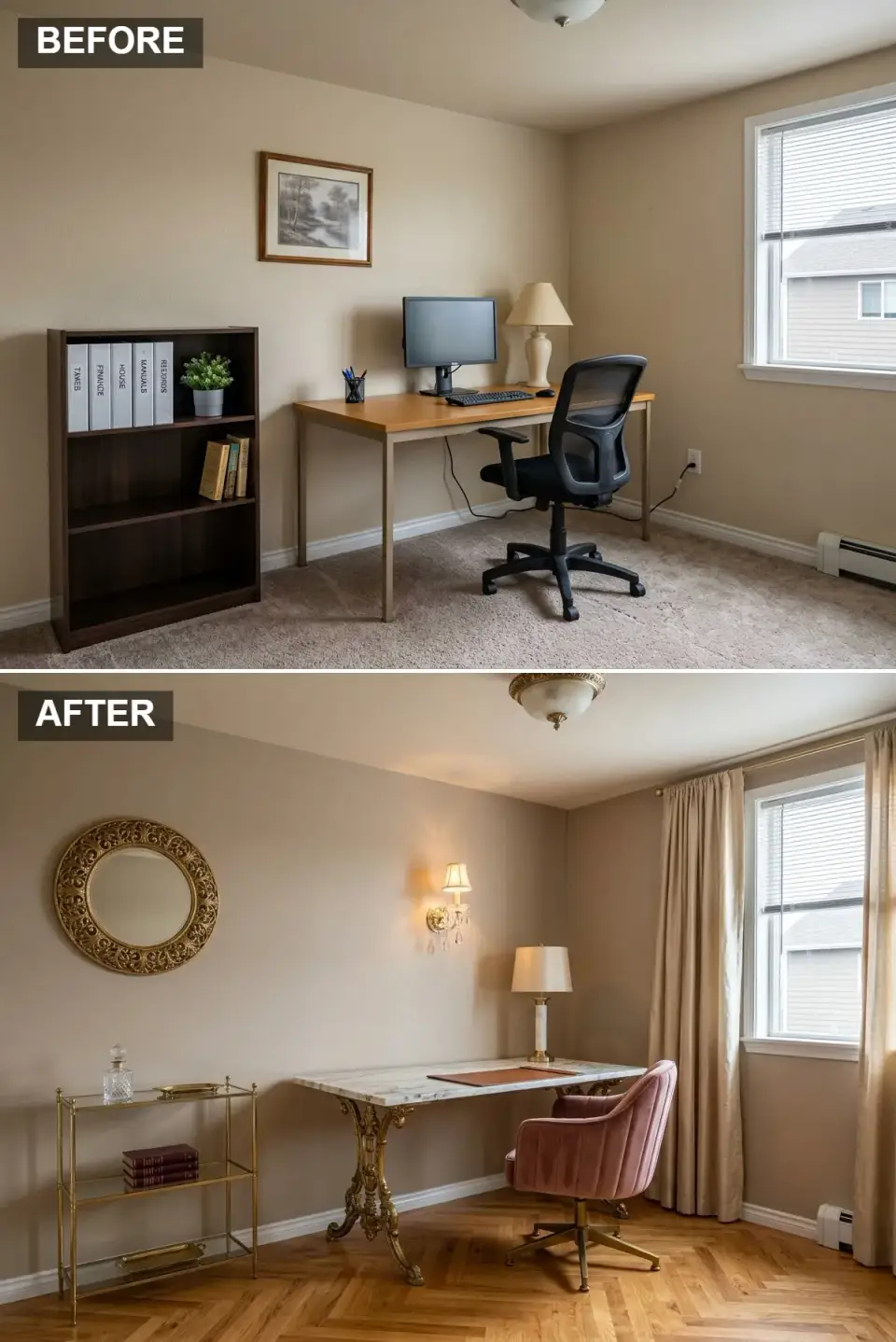 Hollywood Regency home office before and after with taupe walls, marble-top desk, gold base, and mauve velvet chair
