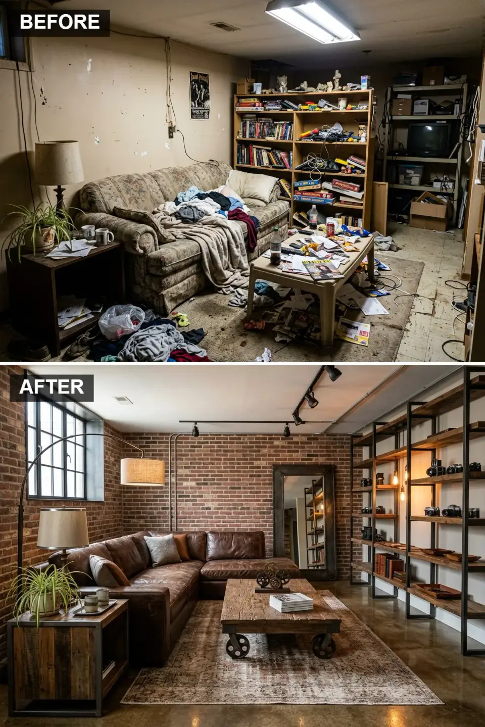 Industrial chic basement with exposed reclaimed Chicago common brick wall by Old Mill Brick, polished concrete floor at 800 grit diamond finish, RH Maxwell distressed brown leather sectional, Crate and Barrel Beam industrial pipe and reclaimed oak shelving, WAC Lighting U-track ceiling system with Edison bulb pendants, weathered steel coffee table on casters, Anthropologie Gleaming floor mirror and vintage factory cart side table in Austin TX