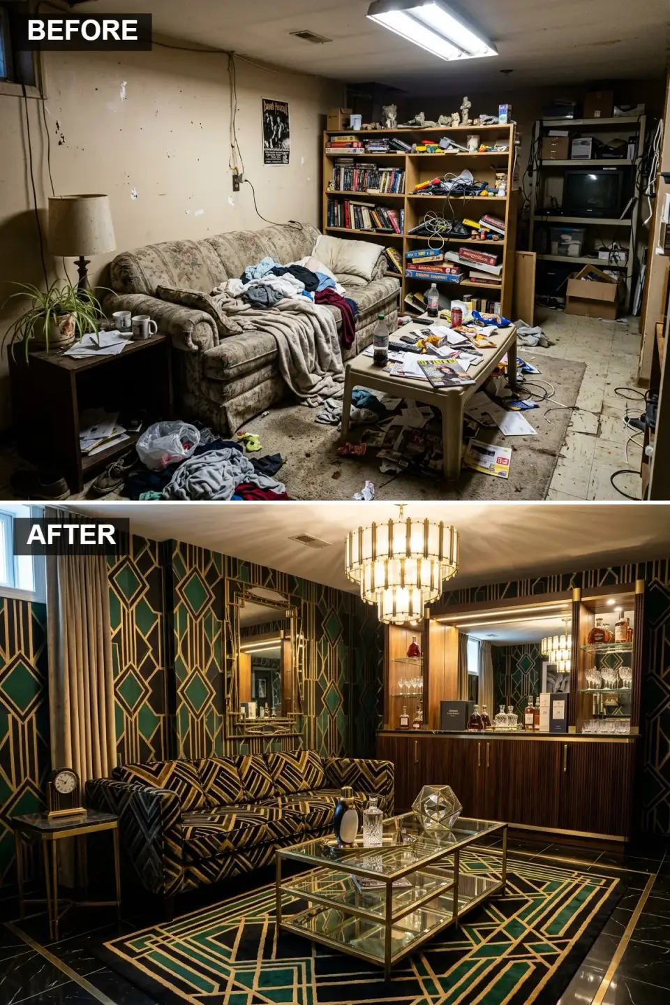 Art Deco speakeasy basement with Cole and Son Palm Jungle emerald green and gold wallpaper, honed Nero Marquina marble floor with brass strip inlay, custom walnut bar with Circa Lighting brass pulls, Rove Concepts Vanessa emerald velvet tufted sofa, Jonathan Adler Meurice brass chandelier and curated cocktail glassware in Savannah GA