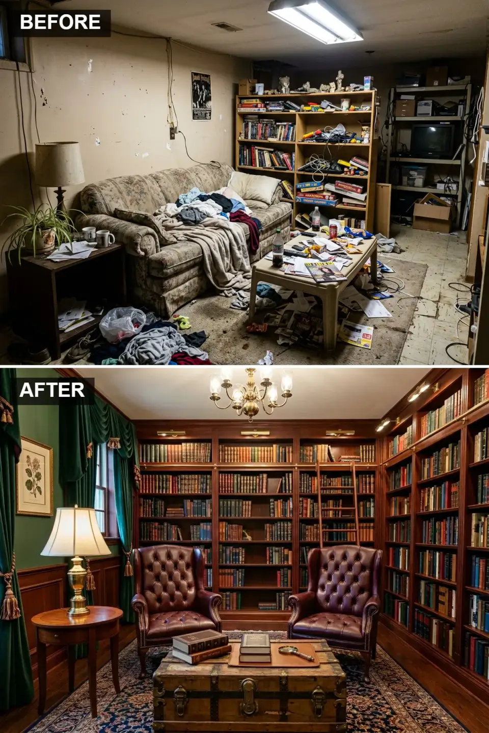 Scholar library basement with floor to ceiling custom mahogany built-in bookshelves in F&B Down Pipe No. 26, Quiet Glide rolling library ladder in oil-rubbed bronze, F&B Studio Green No. 93 upper walls and velvet curtains, two RH Churchill oxblood leather wingback chairs, antique steamer trunk coffee table, Armadillo Heriz hand-knotted rug and Visual Comfort Bigelow brass sconces in Raleigh-Durham NC