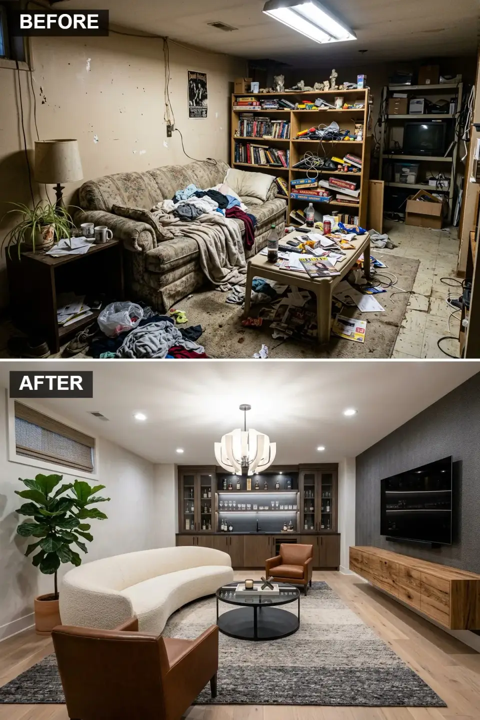 Contemporary textured basement with Armourcoat Brooklyn 38 black Venetian plaster accent wall, white oak floating media console by Room and Board, West Elm Haven curved cream boucle sofa, Article Abisko cognac leather armchairs, round matte black coffee table, wet bar with rift cut walnut cabinetry, Schumacher Coquette grasscloth, and Serena and Lily Capistrano jute rug in Nashville TN