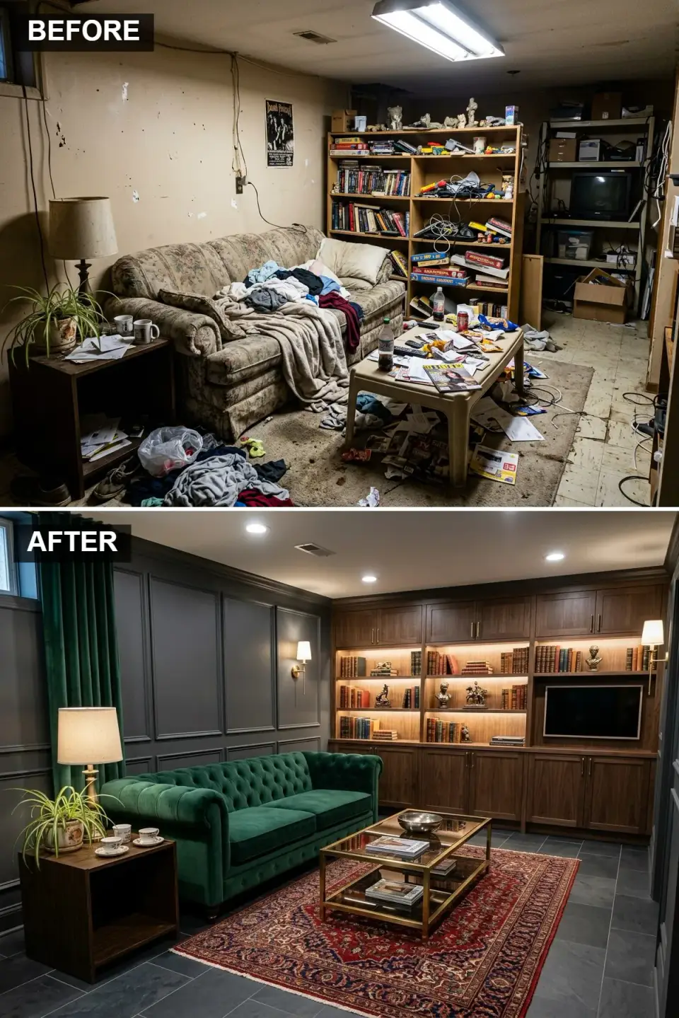 Dark academia basement with BM Kendall Charcoal HC-166 shaker beadboard wainscoting to chair rail, F&B Studio Green No. 93 upper walls and matching velvet drapes, RH Devonshire emerald green velvet tufted sofa, glass and antique brass coffee table, built-in dark walnut bookshelves with integrated Flos LED lighting, Armadillo Mughal hand-knotted burgundy red rug and dark slate tile floor in Savannah GA