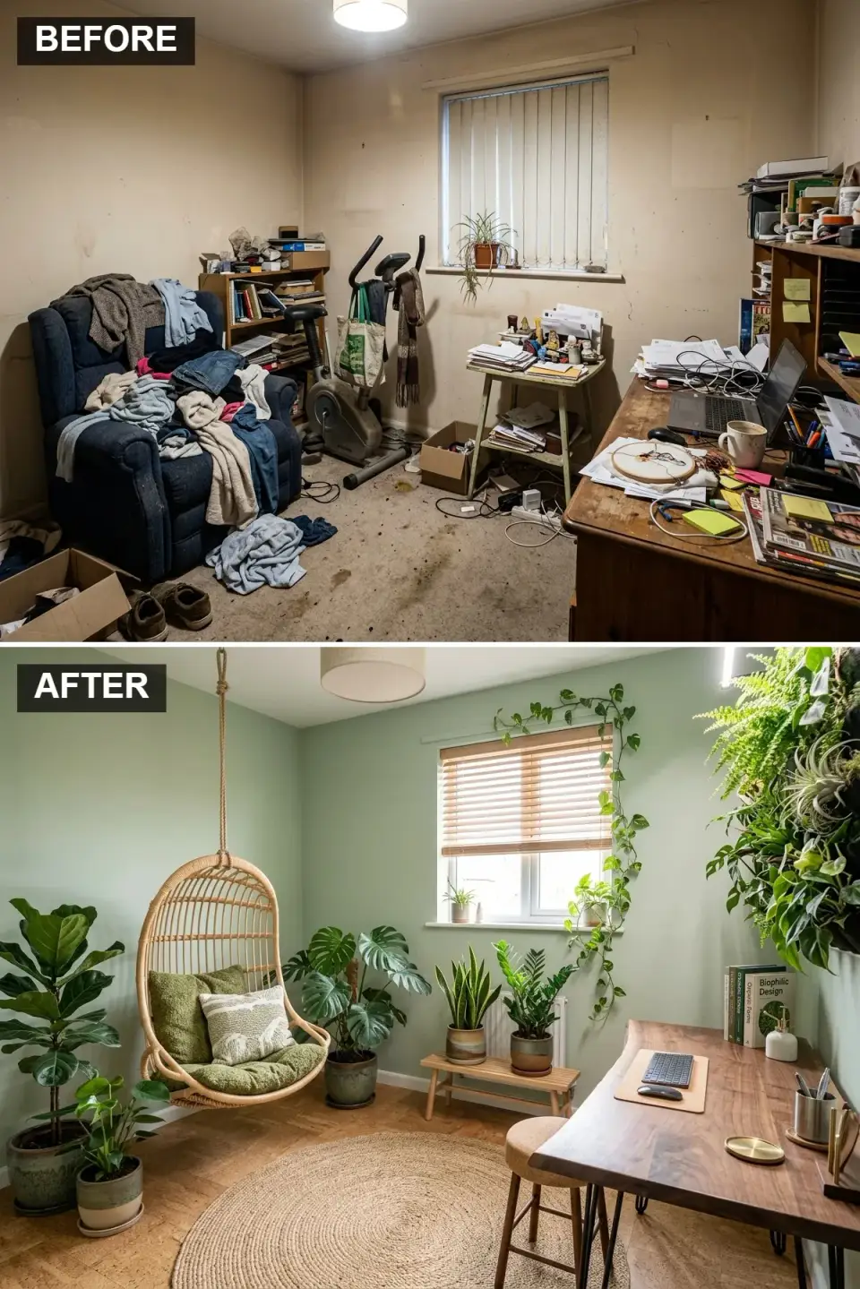 Sage green bohemian retreat with live-edge walnut desk cork accent wall trailing pothos fiddle leaf fig and rattan pendant