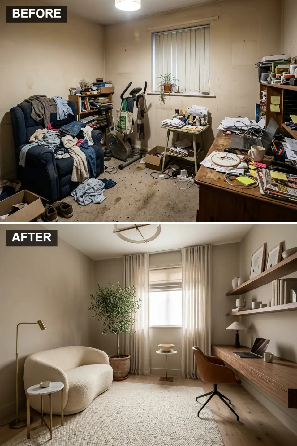Japandi spare room with warm greige walls light oak floating desk cream bouclé task chair tan leather bench and paper pendant