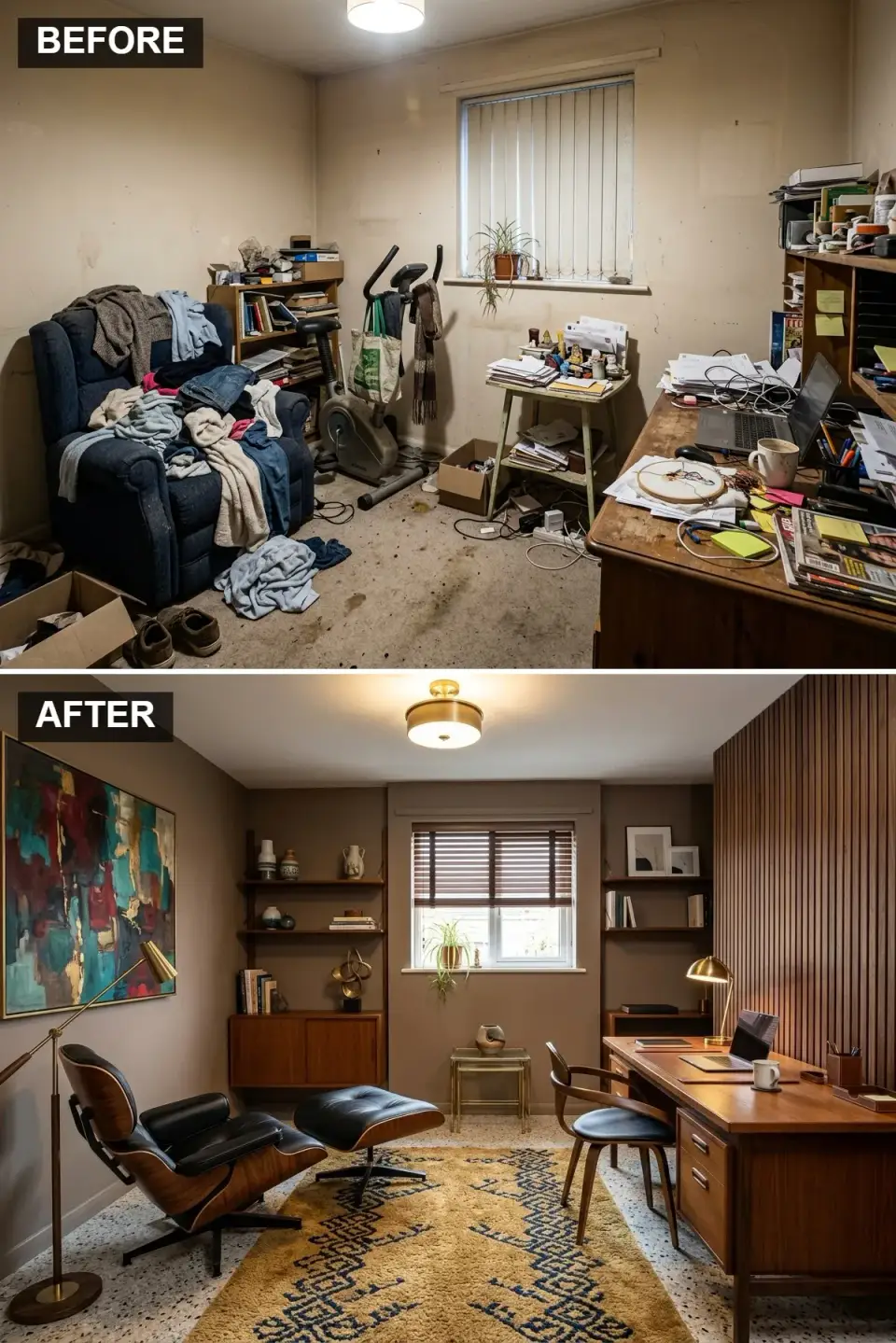 Mid-century modern office with cocoa brown walls teak desk black leather Eames-style lounge chair terrazzo floor and sputnik chandelier