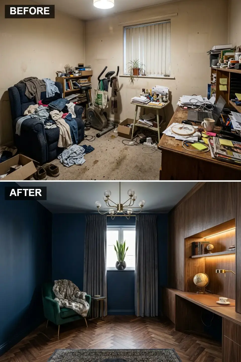 Midnight blue home office with wall-to-wall dark walnut built-ins emerald green velvet reading chair brass banker's lamp and coffered ceiling