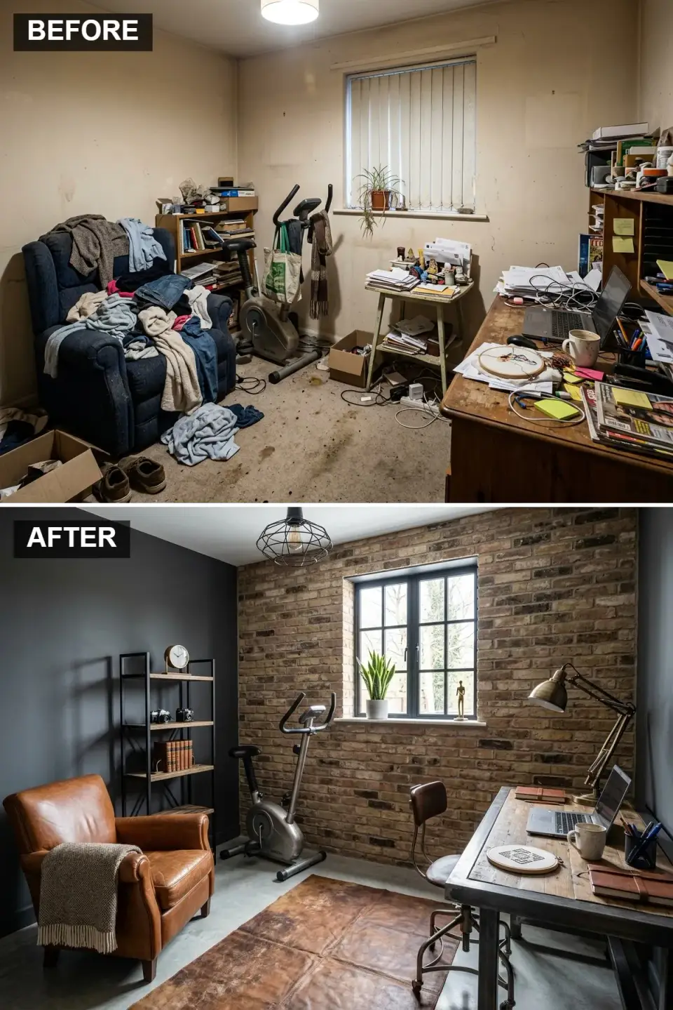 Industrial loft spare room with exposed red brick wall polished concrete floor reclaimed wood and steel pipe desk and aged leather club chair