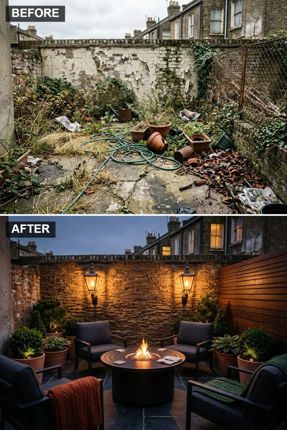 Charleston downtown urban courtyard transformed with Eldorado Stone stacked sandstone ledger panel rear wall, horizontal Western red cedar privacy screening, dark Brazilian slate paver floor, Solo Stove Mesa fire pit table surrounded by Article Bardo matte black armchairs, and Hinkley carriage-style brass wall sconces
