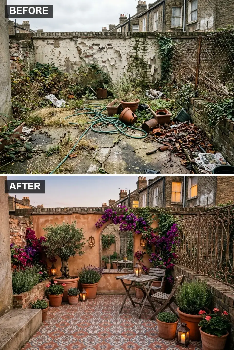 Mediterranean courtyard transformation in Charleston with smooth integral-color stucco walls in warm Tuscan terracotta, Cle Tile Sevillano patterned encaustic floor, ornamental wrought iron Charleston Forge fence, large arched antique mirror, Campania International terracotta planters with mature Arbequina olive trees and Barbara Karst bougainvillea