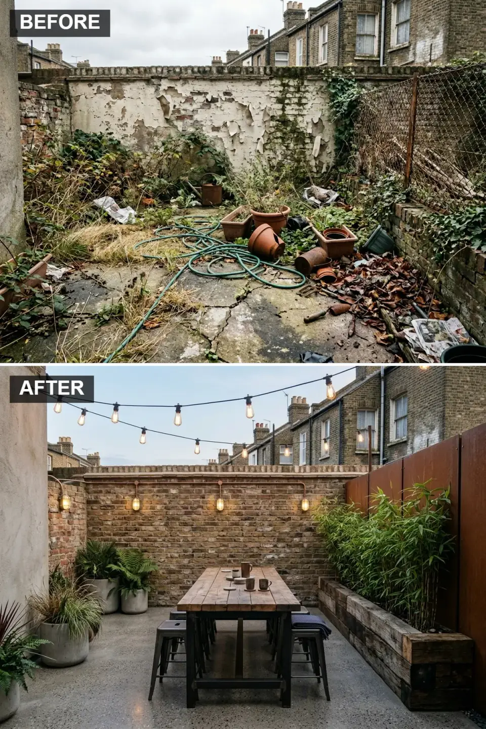 Charleston courtyard with cleaned and stabilized original aged brick wall, Cor-Ten weathering steel side panel screen with bamboo backing, polished concrete floor, reclaimed pine plank dining table by Vermont Farm Table, Edison string lights, and copper pipe wall fixtures from Schoolhouse Electric