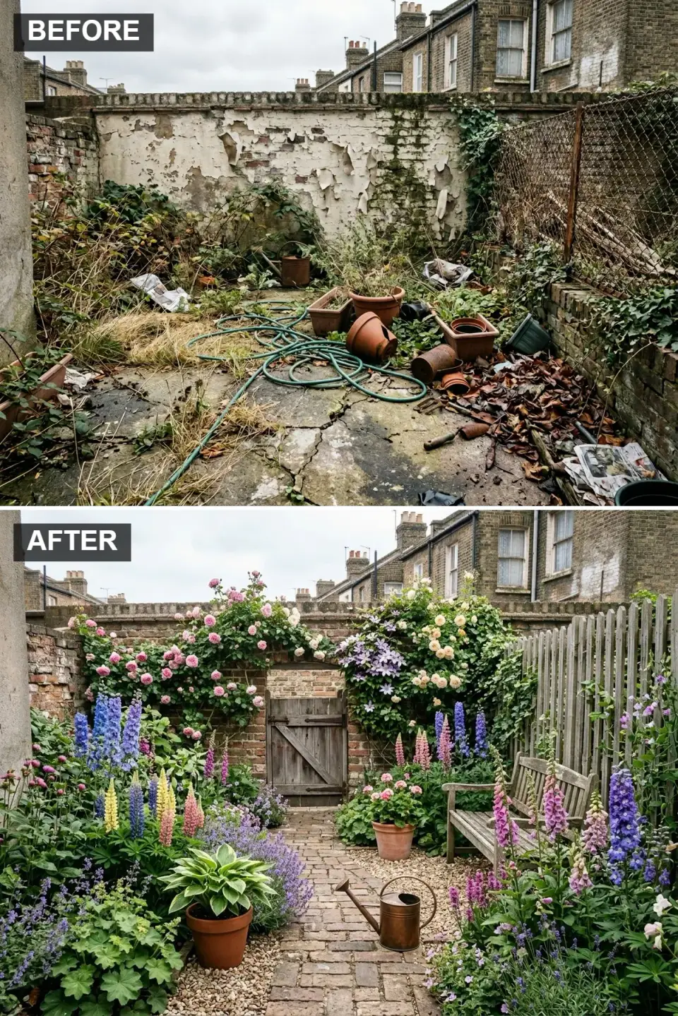 Charleston row-house courtyard transformed into English cottage garden with retained brick walls softened by climbing New Dawn roses and Etoile Violette clematis, antique reclaimed garden door inset, aged Charleston brick herringbone path, pea gravel infill, and silvered teak Sissinghurst bench