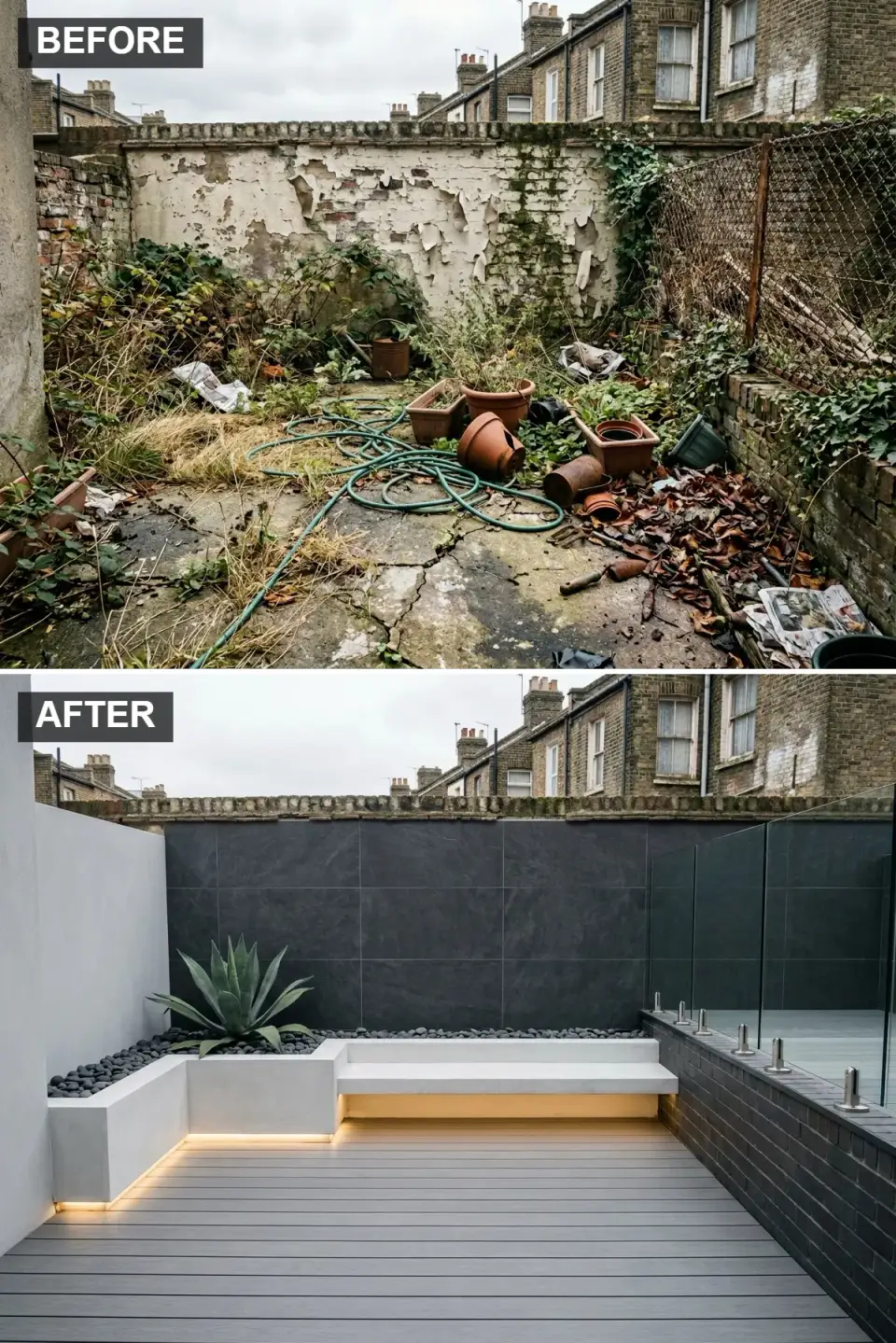 Modern minimalist Charleston courtyard with rear wall clad in 24x48 inch Italian Statuario Nero porcelain panels, smooth Polywall stucco side walls in Benjamin Moore Decorators White CC-20, Trex Transcend Island Mist composite decking, floating cast-concrete bench with integrated WAC LED underlighting, and tempered glass balustrade