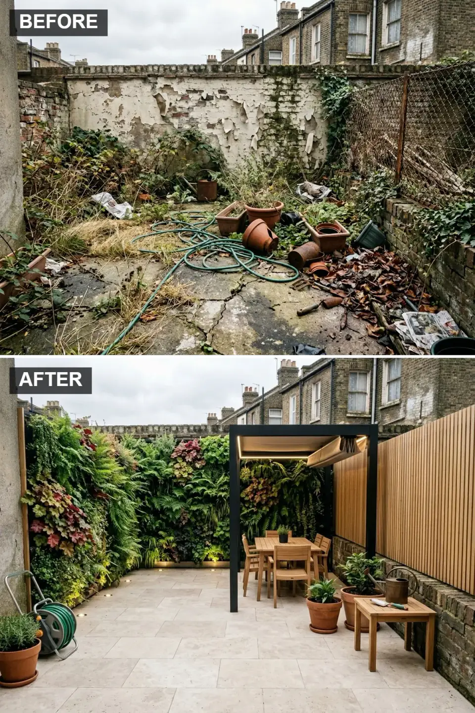 Charleston courtyard transformed with floor-to-ceiling LiveWall modular living wall system on rear and side walls planted with ferns and pothos, large-format pale Coverlam Pulpis Bone porcelain pavers, ShadeFX matte black aluminum pergola with retractable canvas canopy, Sutherland Cove teak dining table, and vertical Western red cedar batten privacy screen