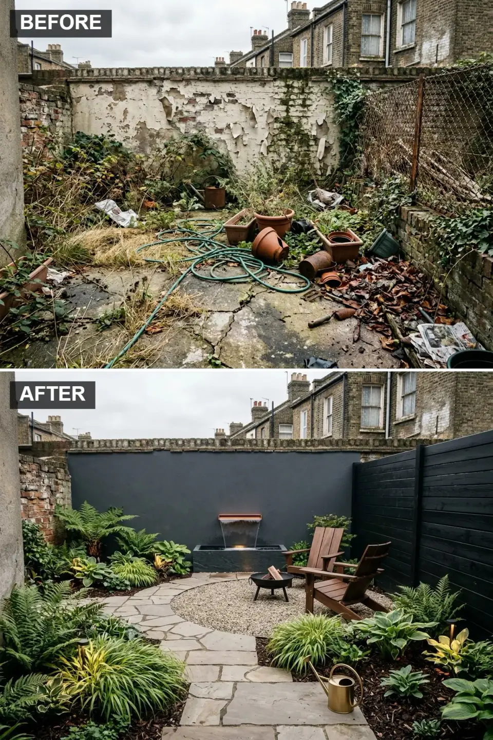 Charleston courtyard with rendered walls painted Farrow and Ball Off Black No 57, Atlantic Water Gardens copper blade spillway water feature on charcoal back wall, horizontal black aluminum slat fence, irregular Pennsylvania flagstone path, decomposed granite seating circle with Loll Designs Adirondack chairs and Solo Stove Bonfire fire bowl
