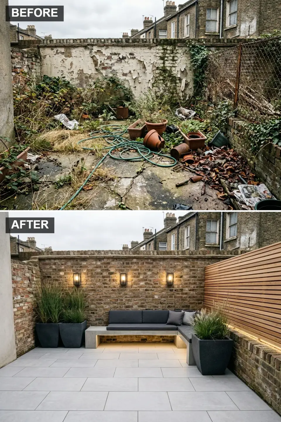 Charleston courtyard with cleaned original brick rear wall, horizontal light oak Kebony slat side wall, L-shaped cast-in-place concrete floating bench with Sunbrella Cast Slate cushions, integrated WAC LED under-bench lighting, large geometric Capital Garden Products fiber-cement planters, and Coverlam Pietra Serena pale grey large-format porcelain floor