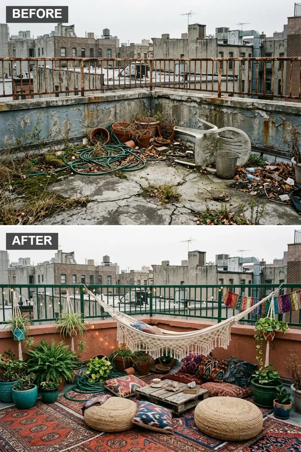 Bohemian rooftop with layered Persian-style outdoor rugs, warm terracotta wall, macrame hammock, floor cushions, low pallet table, forest green railing and potted plants