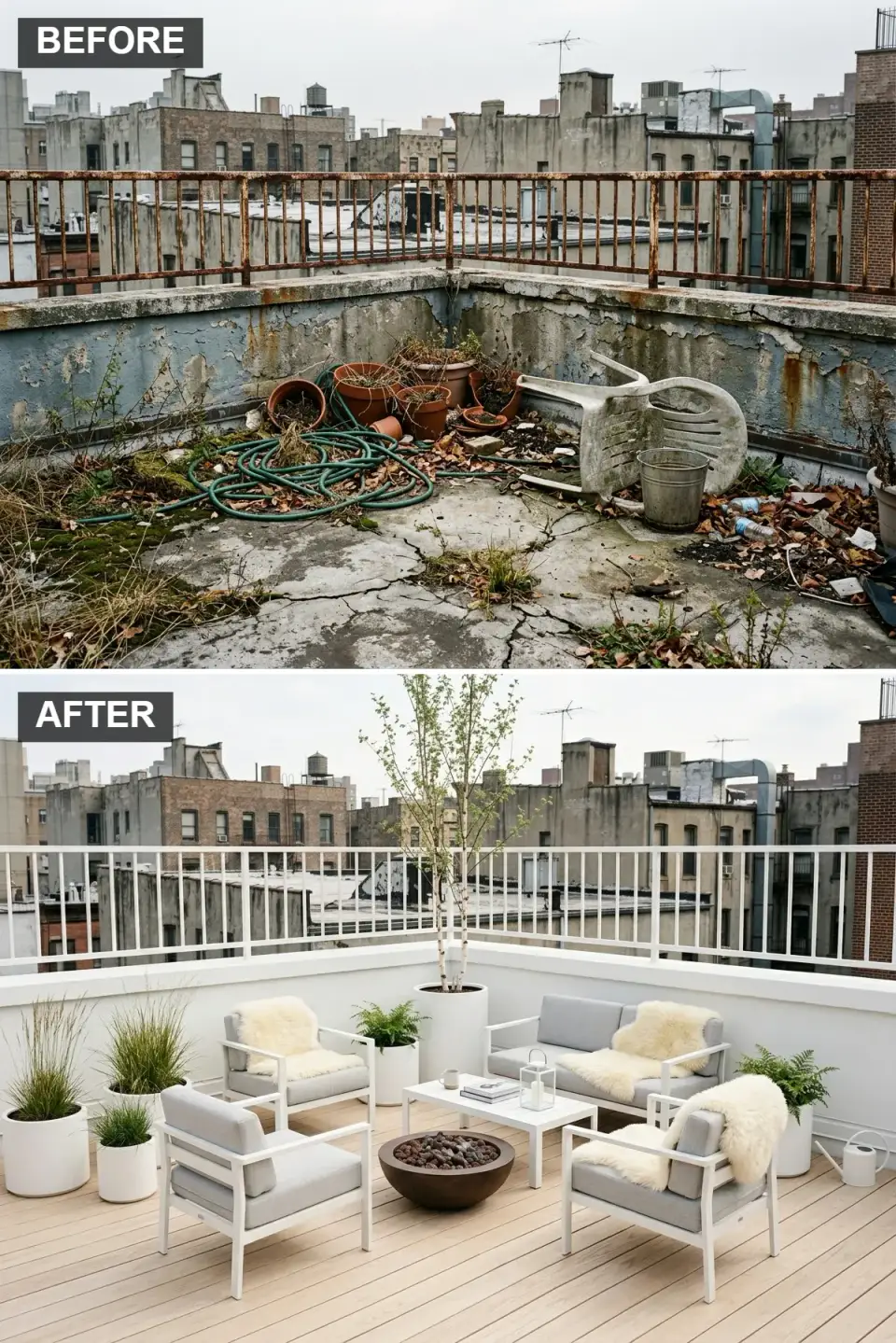 Rooftop white minimalist lounge with light ash decking, matte white railing, sheepskin throws, aged bronze fire bowl, and birch tree in planter