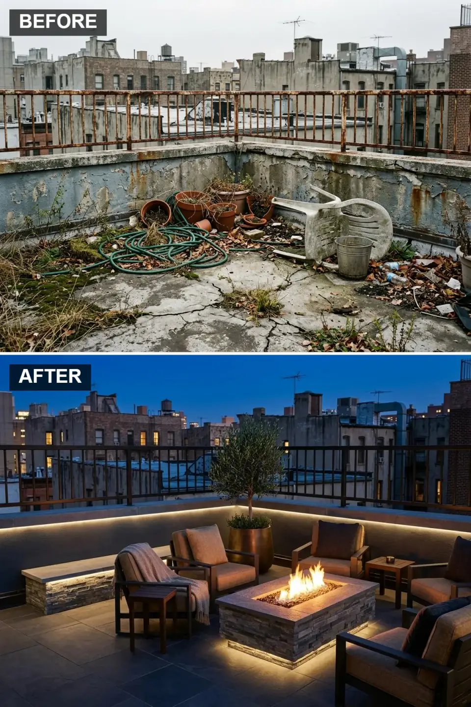 Rooftop evening entertaining lounge with charcoal porcelain tile, stacked stone fire pit table, black metal railing, olive tree and integrated LED strip lighting