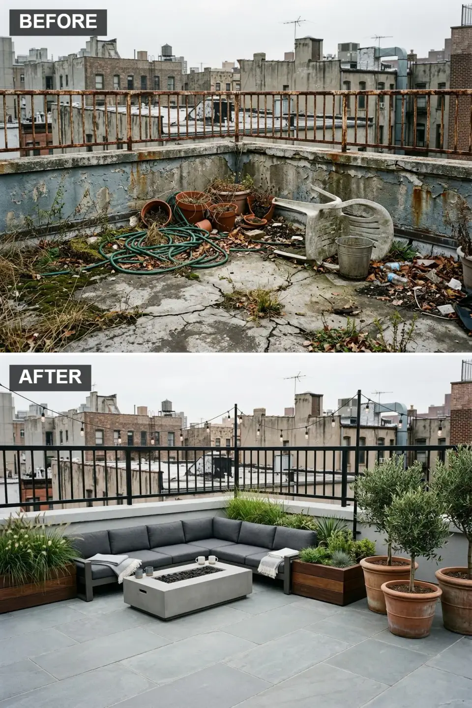 Contemporary rooftop patio with pale grey concrete-look porcelain pavers, black railing, dark grey outdoor sectional, concrete fire table, dark walnut planters and overhead string lights