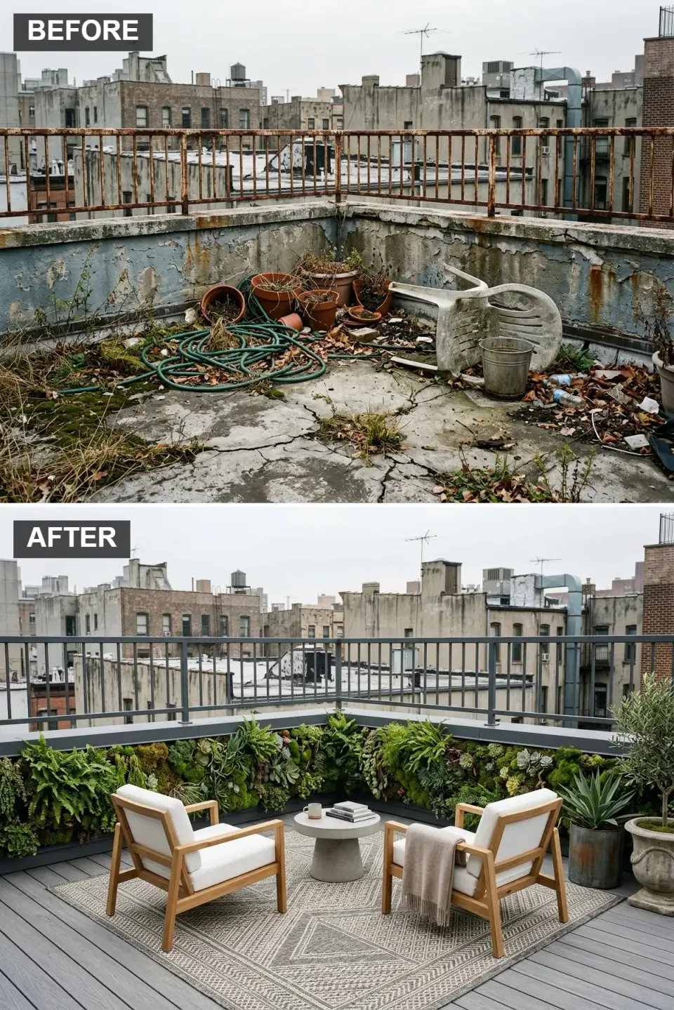 Rooftop botanical retreat with full living wall of ferns and succulents, grey composite decking, patterned outdoor rug, teak armchairs and concrete side table