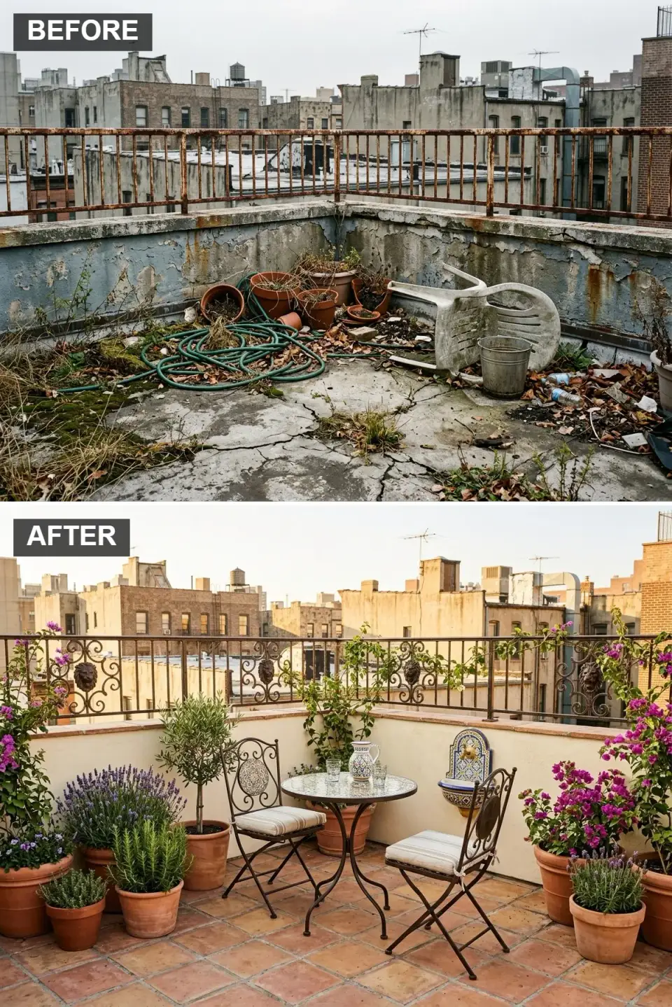 Mediterranean rooftop terrace with terracotta tile flooring, sandy stucco wall, wrought iron railing, mosaic bistro set, wall-mounted fountain and terracotta pots of bougainvillea, lavender and olive