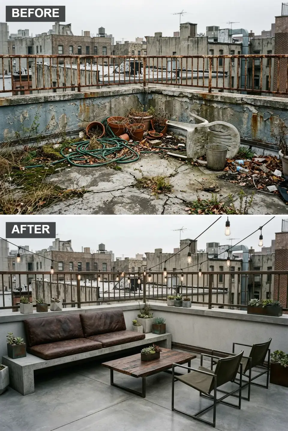 Rooftop industrial lounge with polished concrete floor, built-in concrete bench with aged leather cushion, metal and canvas chairs, reclaimed wood coffee table, industrial string lights and succulent planters