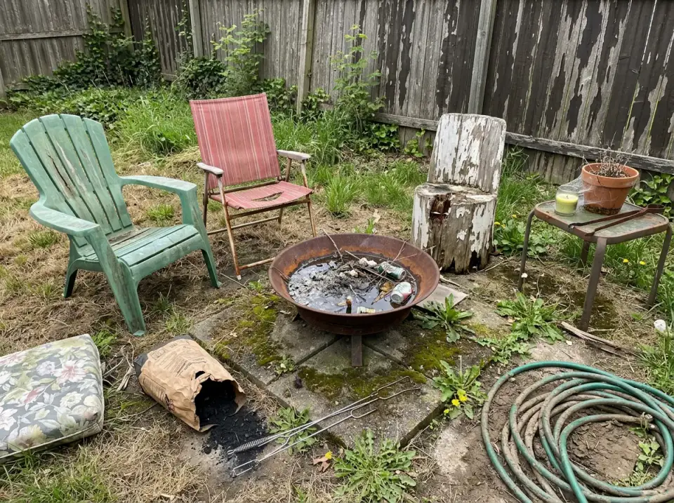 Before: Neglected Backyard Fire Pit Area