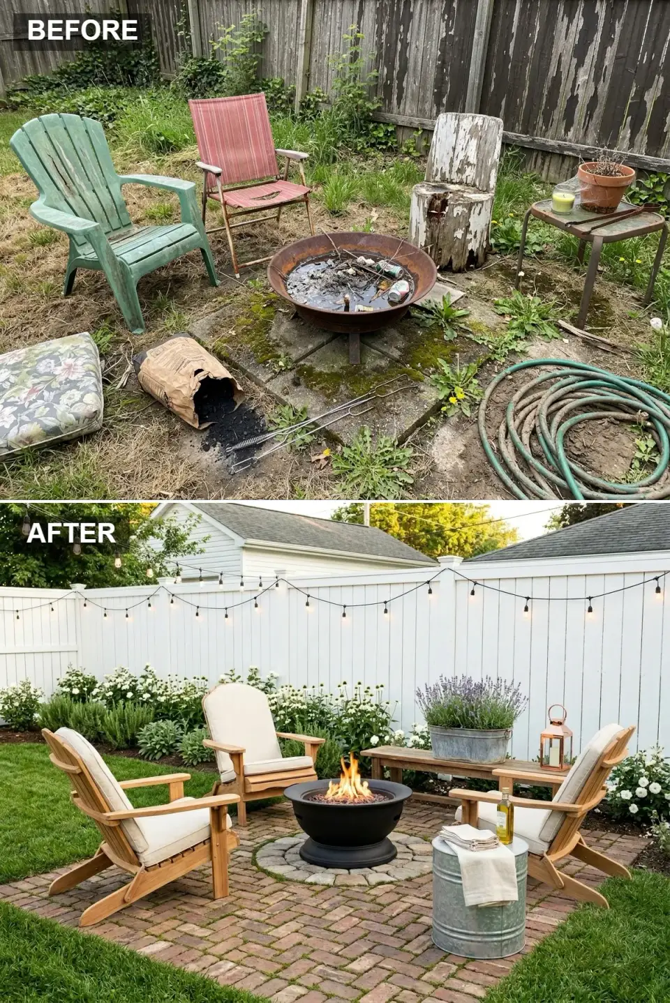Herringbone brick fire pit patio with cedar Adirondack chairs and café string lights