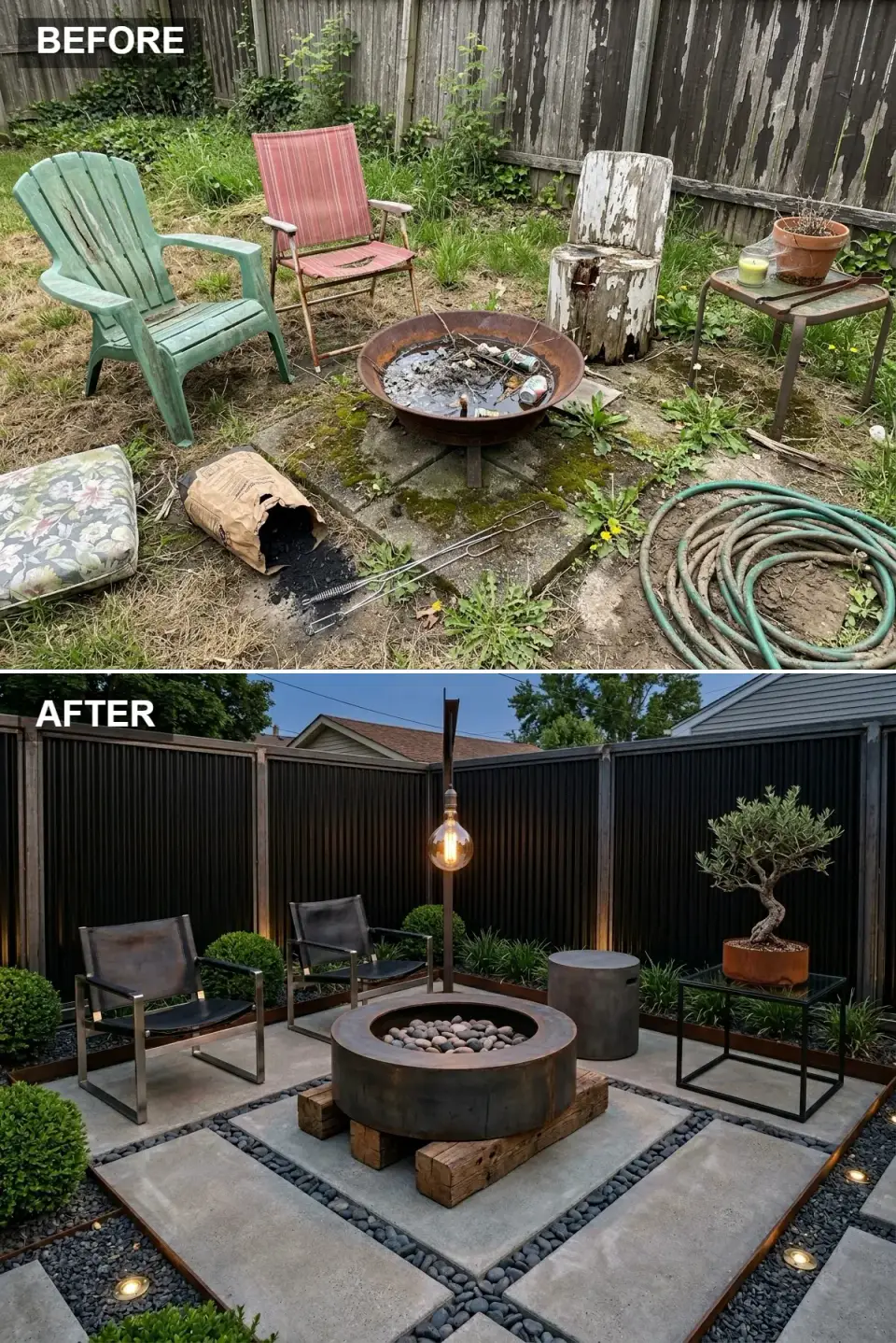Industrial courtyard with corrugated metal fence, steel drum fire pit, and Edison bulb pendant